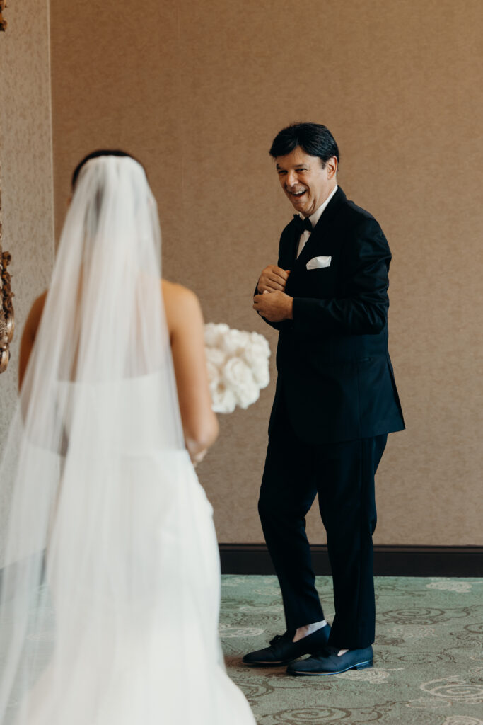 First look with dad at new york wedding venue diamond mills