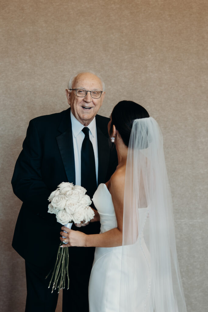 First look with grandfather at new york wedding venue diamond mills