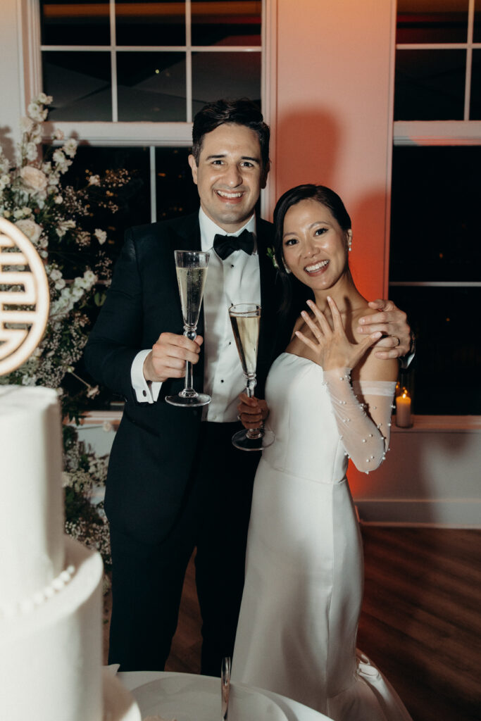 Couple photographed during wedding reception at maritime parc new jersey