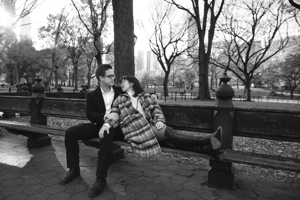 Engaged couple photographed at central park by a brooklyn wedding photographer