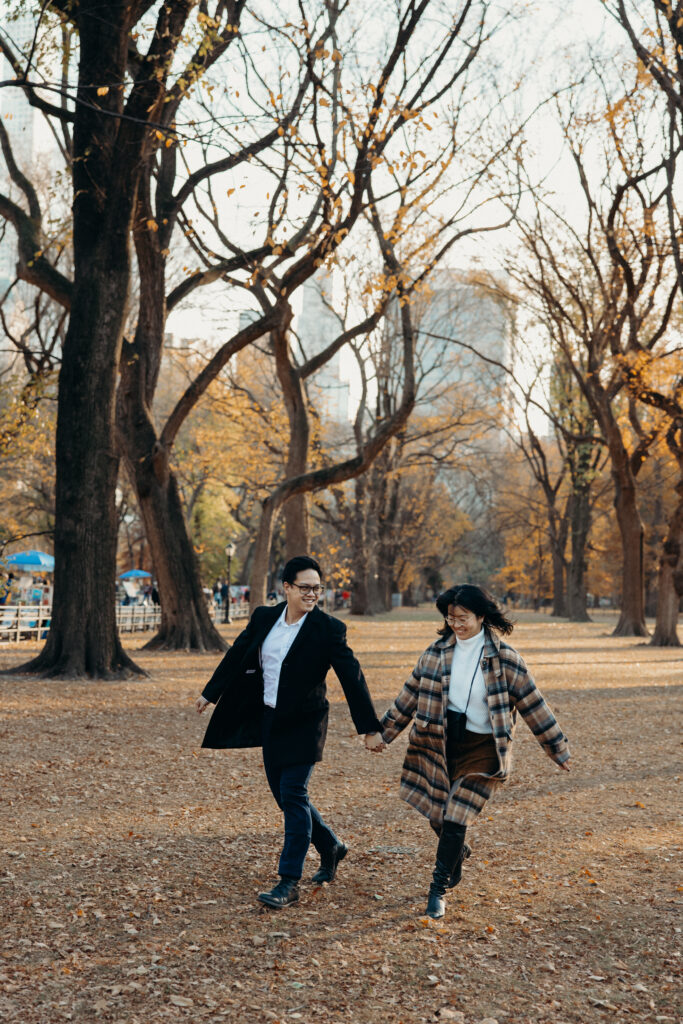 Engaged couple photographed at central park by a brooklyn wedding photographer