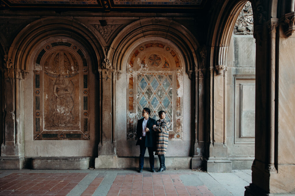 Engaged couple photographed at central park by a brooklyn wedding photographer