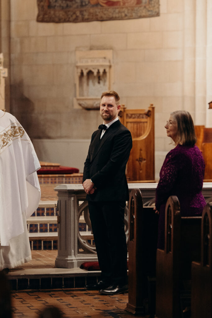 Groom waits for the Bride to walk down the aisle at new york city elopement venue upper west side