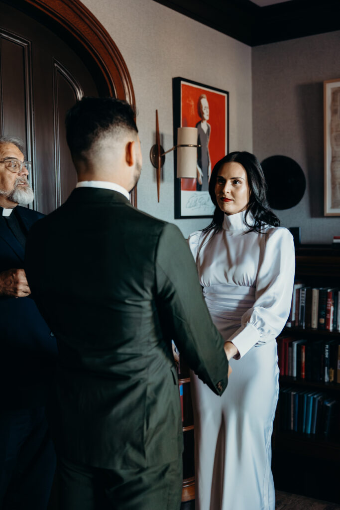 Bride photographed during elopement ceremony at the maker hotel