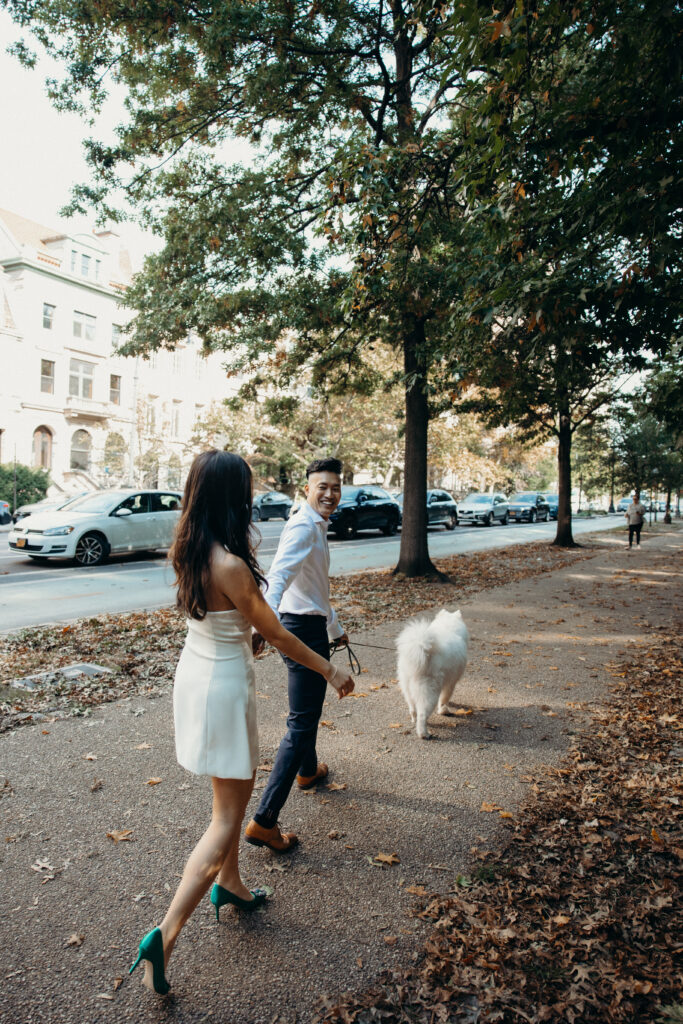 Engaged couple with their dog photographed in brooklyn by a brooklyn engagement photographer