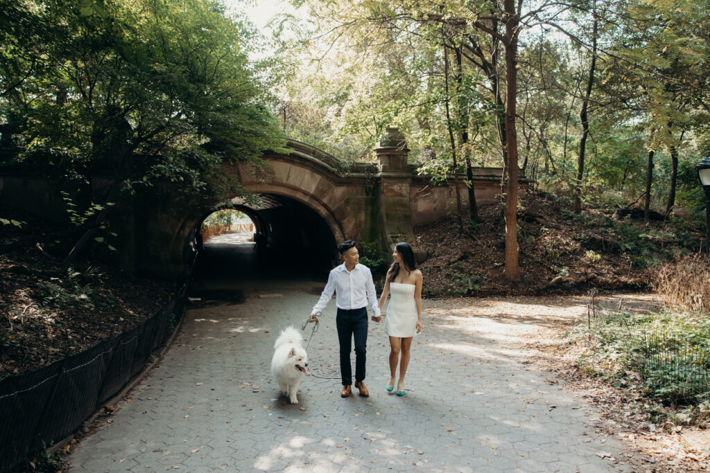 Engaged couple with their dog photographed in brooklyn by a brooklyn engagement photographer