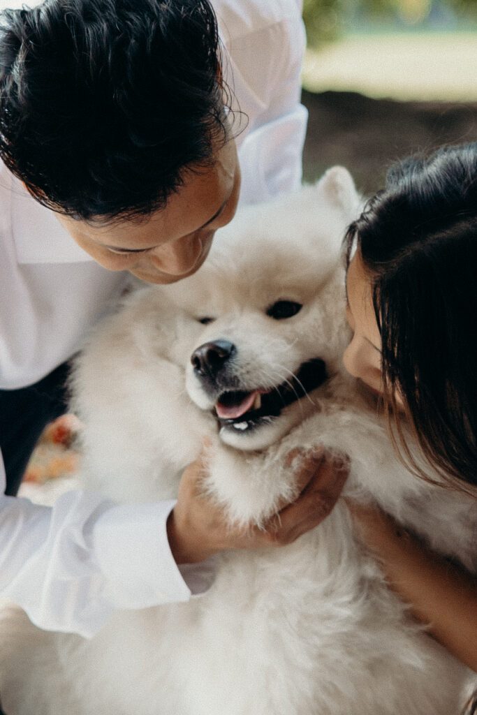 Engaged couple with their dog photographed in brooklyn by a brooklyn engagement photographer