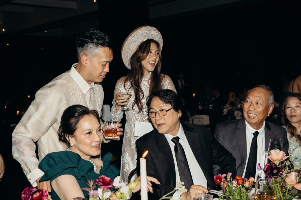 Couple interacts with guests during the wedding reception at Brooklyn Winery
