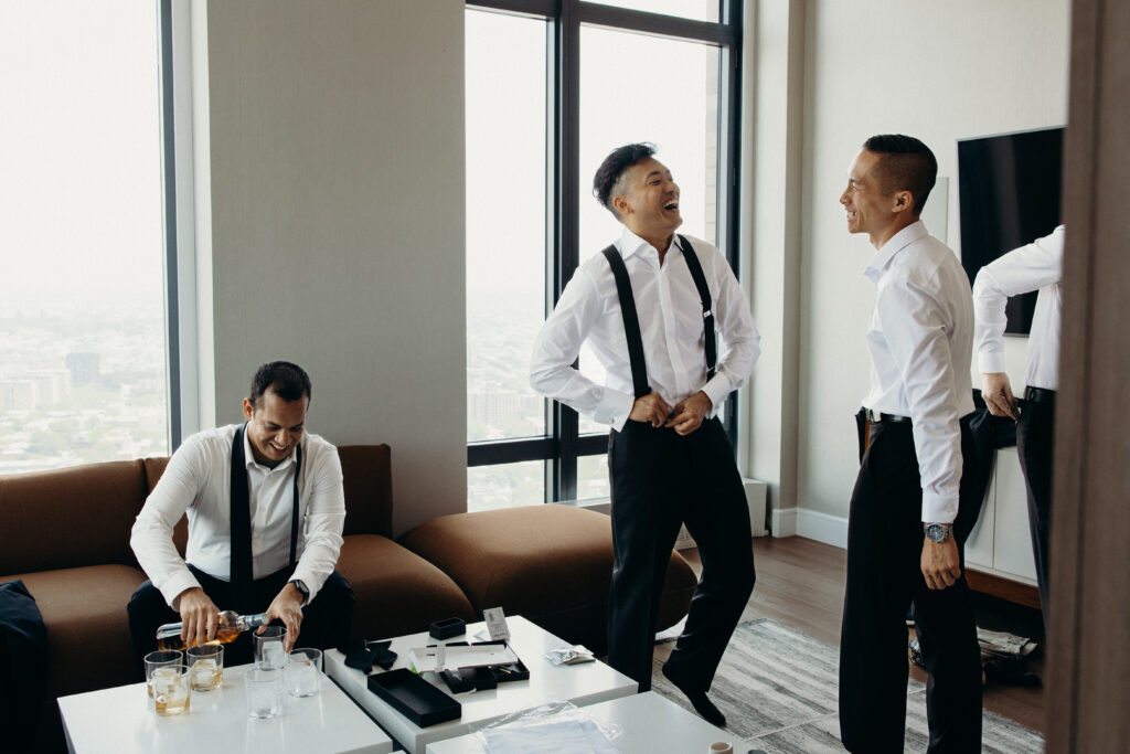 Groom and groomsmen getting ready at Brooklyn Winery