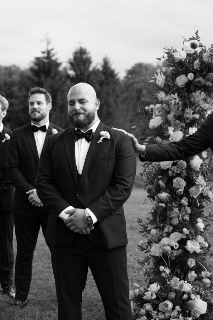 Groom cries during wedding ceremony at Stonewall Estate