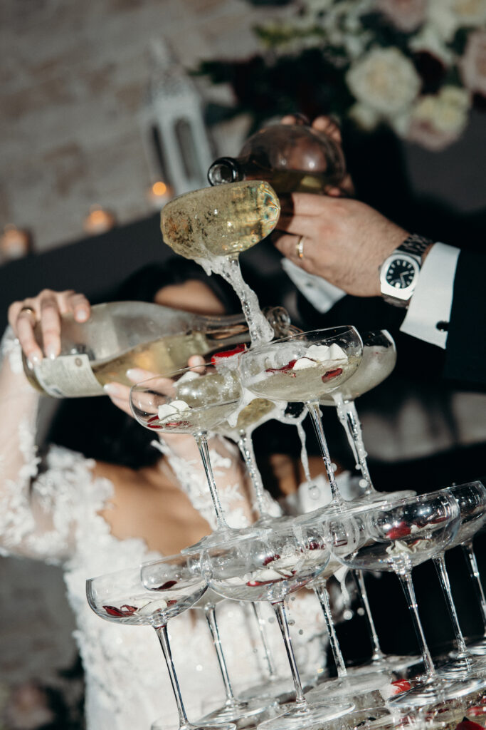 Champagne tower at Sea Cliff Manor wedding reception