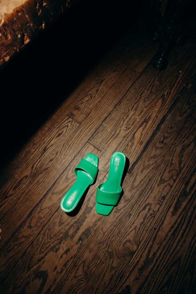 Green shoes at the wedding celebration at Aurora Williamsburg