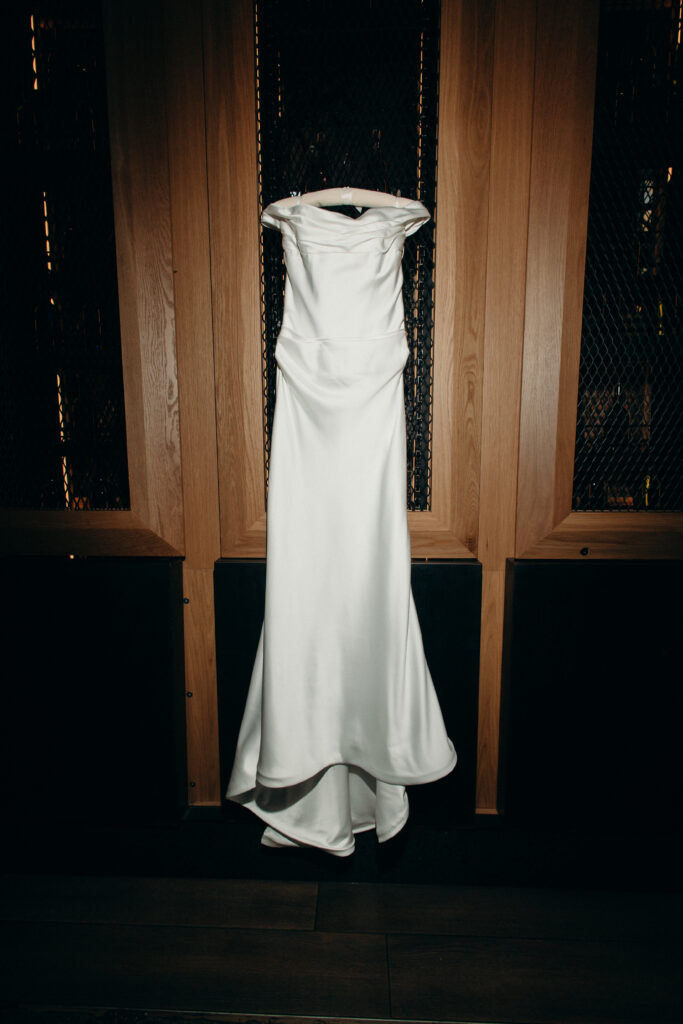 Wedding dress hanging at Moxy Brooklyn Williamsburg