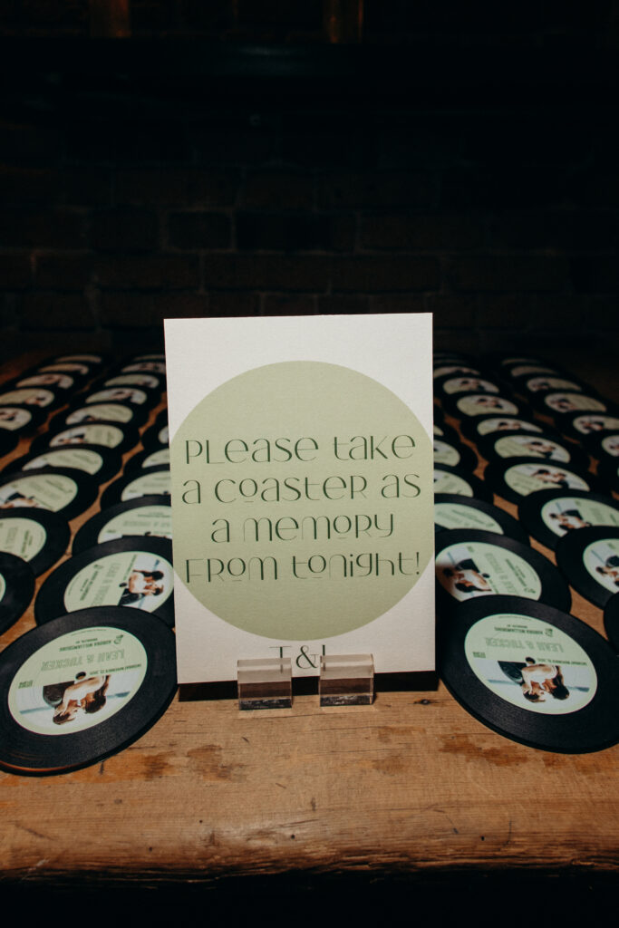 Coasters as wedding favors at the celebration at Aurora Williamsburg