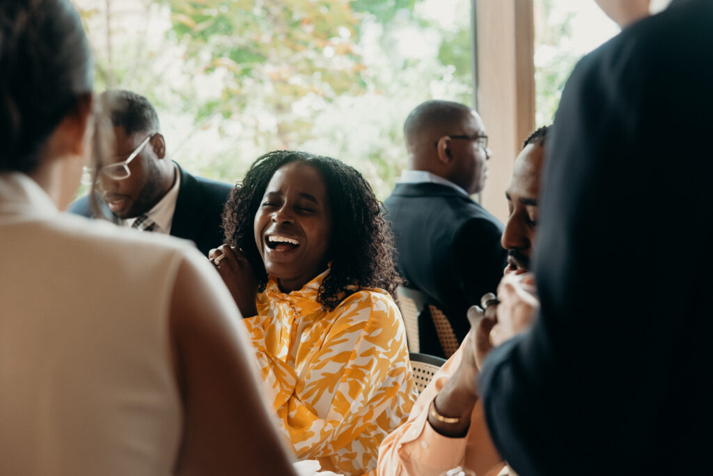 Wedding guests interacting at a Celestine DUMBO wedding reception 