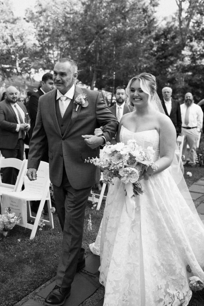New York bride walking down the aisle with her father at Arrow Park New York wedding ceremony