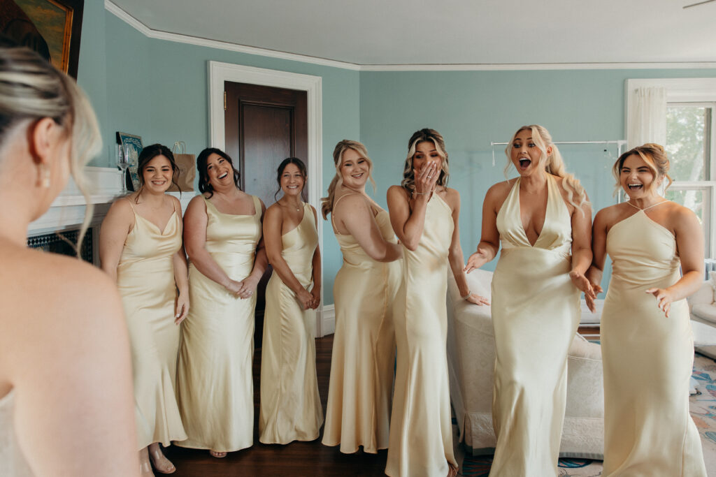 First look with bridesmaids at Arrow Park New York
