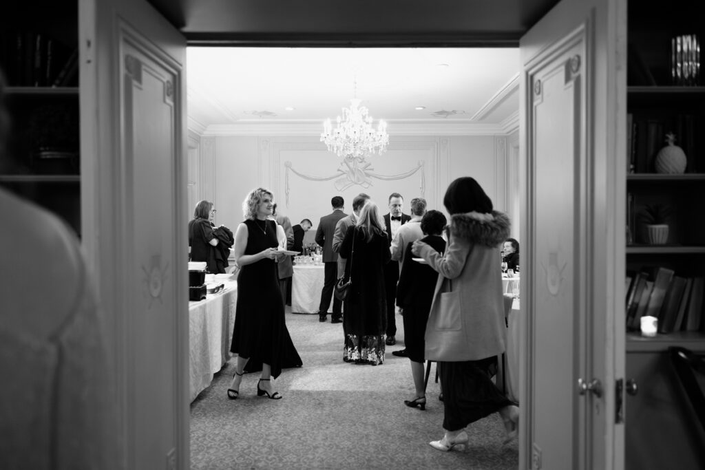 Wedding guests interacting at Tarrytown House Estate in New York