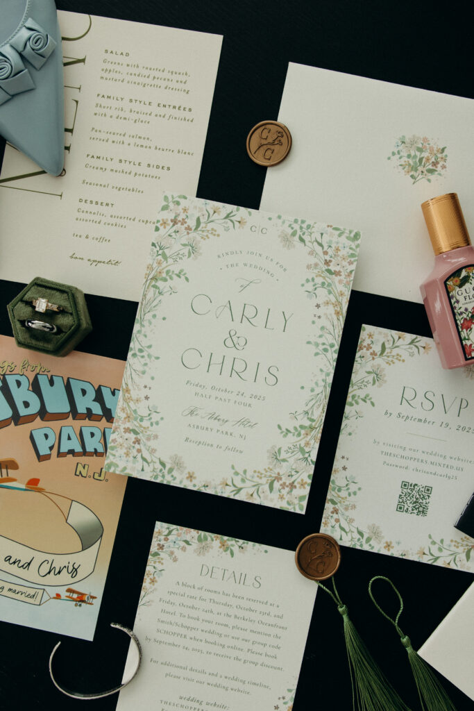 Wedding invitation and stationery flat lay at The Asbury Hotel in NJ