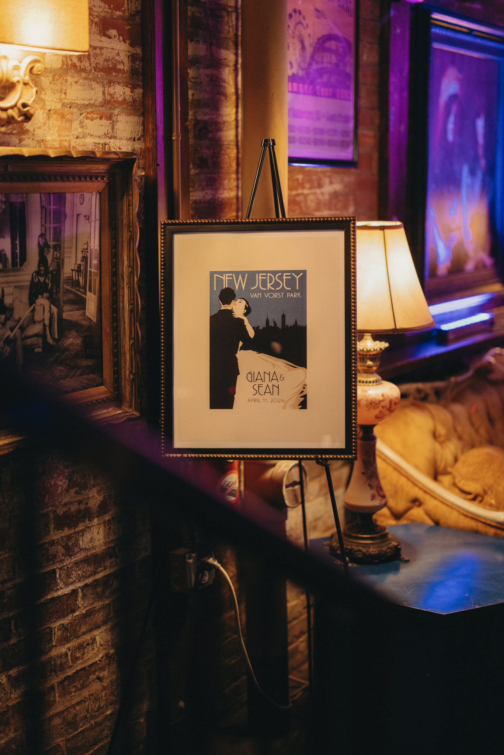 Framed custom wedding artwork for Sean and Giana displayed inside their Jersey City reception venue