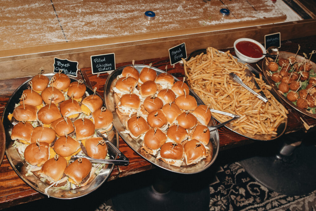 Sliders, french fries, and appetizers served buffet-style at Sean and Giana’s Jersey City elopement reception