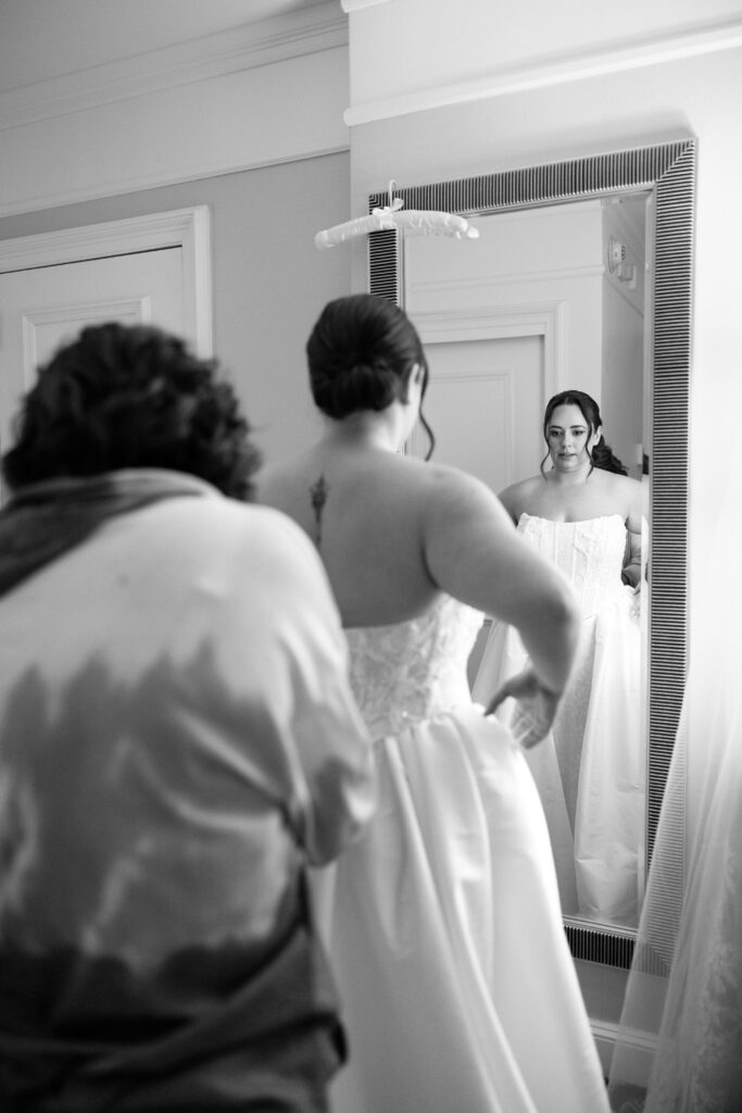 Bride getting ready in her wedding dress at Le Bilboquet, New York City
