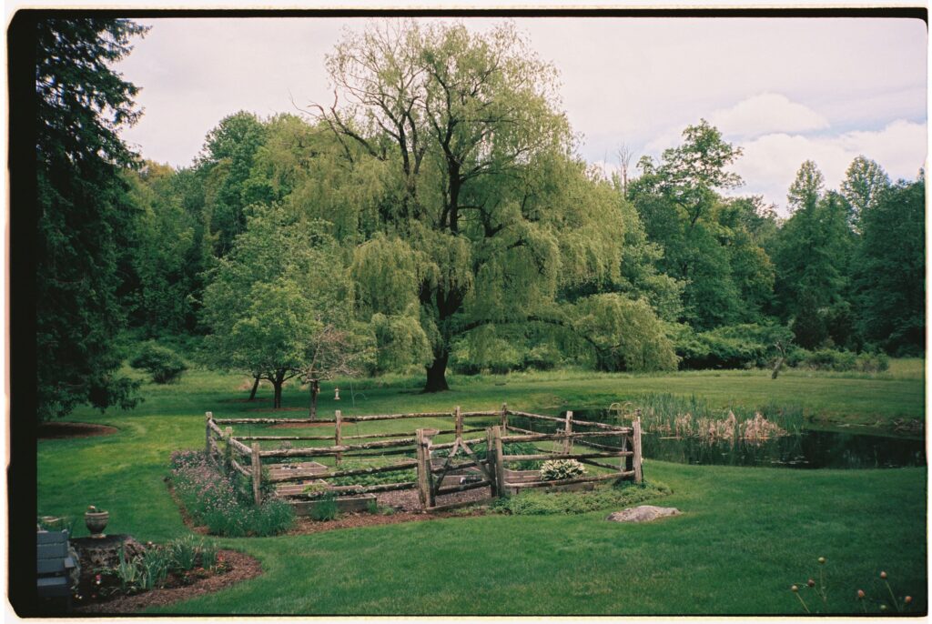 Scenic view of a fenced garden and pond surrounded by lush green trees at Perona Farms
